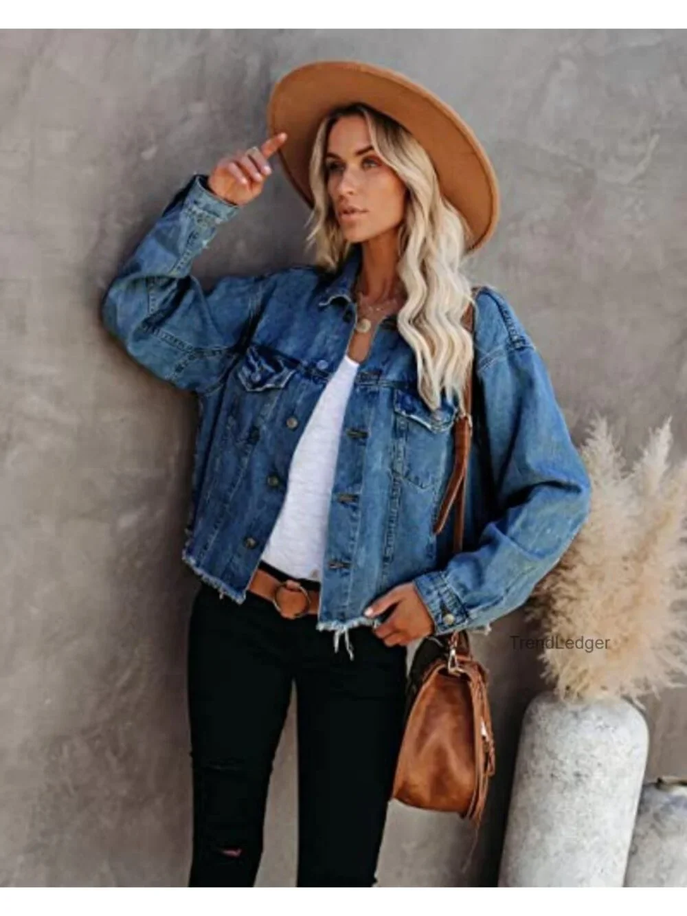 Women's Denim Jacket Classic Trucker Button Up Frayed Cropped Loose Fit Shacket